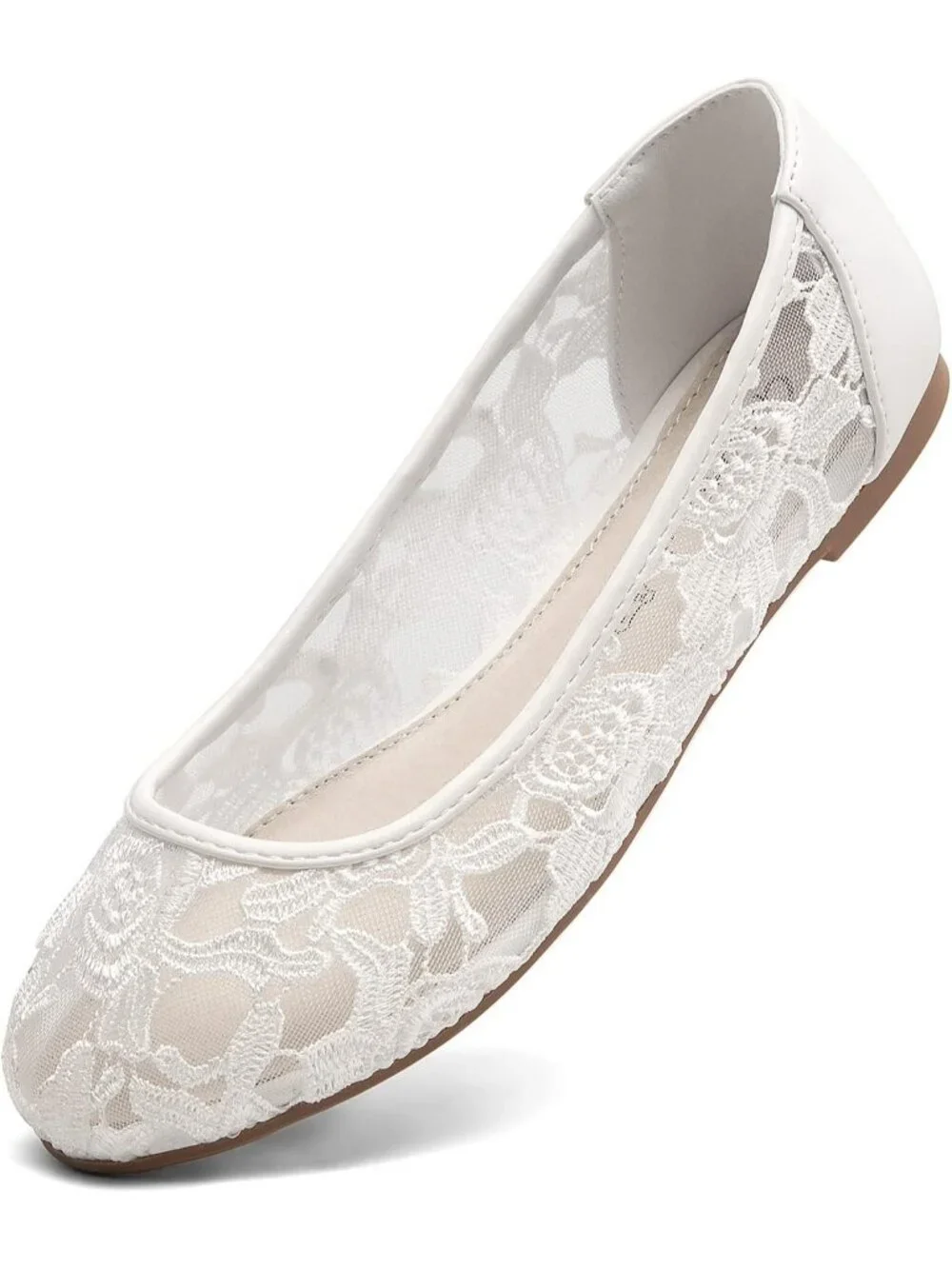 Women's White Lace Ballerina Flats Round Toe Slip on Floral Casual Dressy Shoes